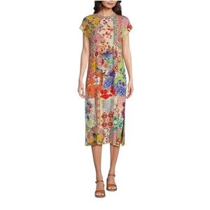 Johnny Was Patchwork Floral Print Knit Jersey Midi Shift Dress. Size Large. NWT.